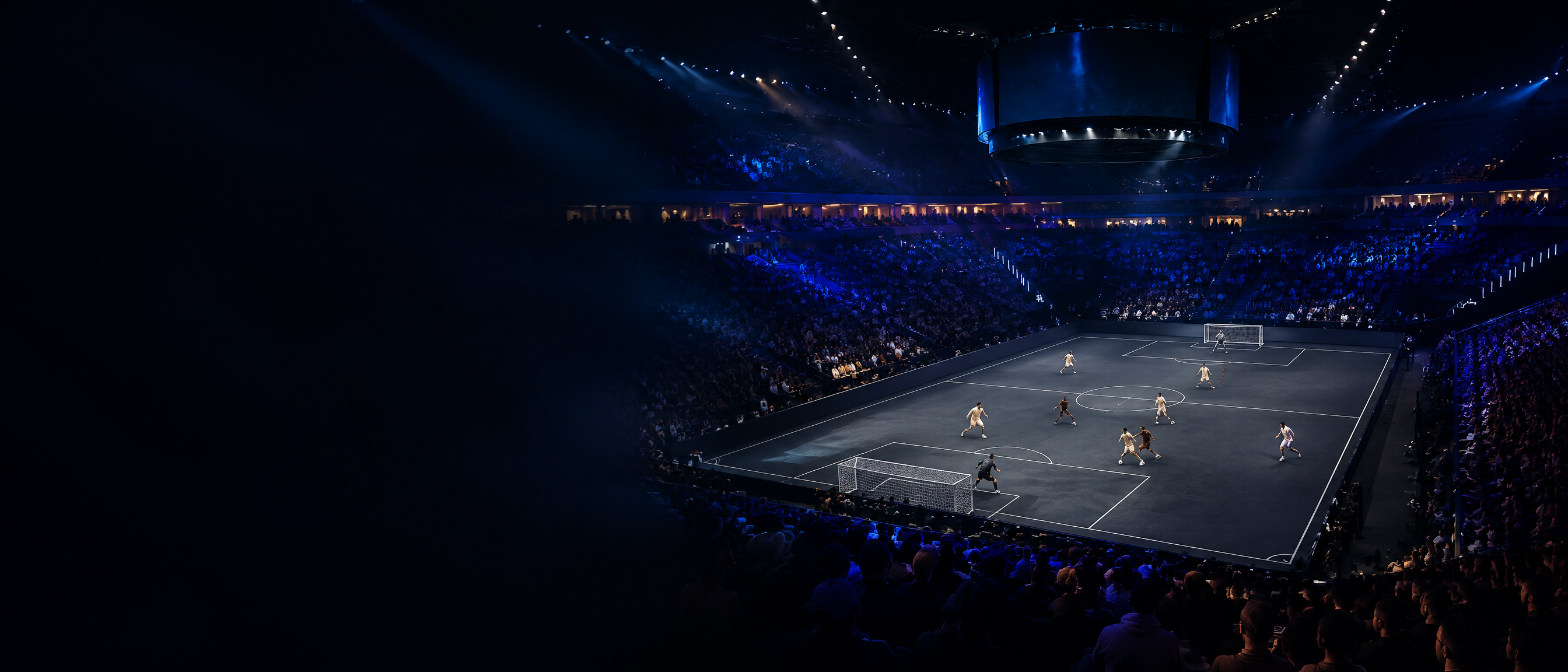 A charcoal football arena under blue lights